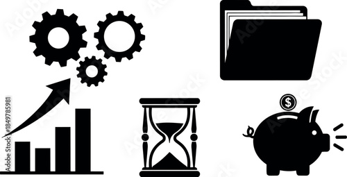 Black and white vector icons including rising bar graph with gears hourglass and piggy bank saving money concept