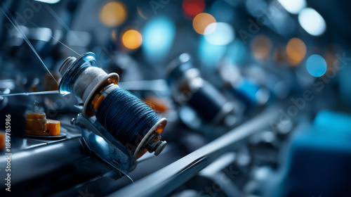 Modern textile manufacturing with automated spinning machine, fabric production automation, industrial textile processing, mechanized cloth making, contemporary fiber production, with copy space