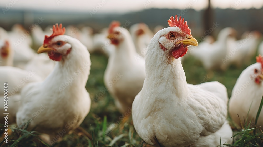 Fototapeta premium A group of white chickens pecking in a grassy field, showcasing their vibrant red combs and yellow beaks, evoking a sense of rural life and agricultural productivity.