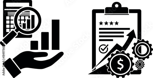 Black and white vector icons showing hand holding magnifying glass over charts and clipboard with upward arrow and dollar symbol growth