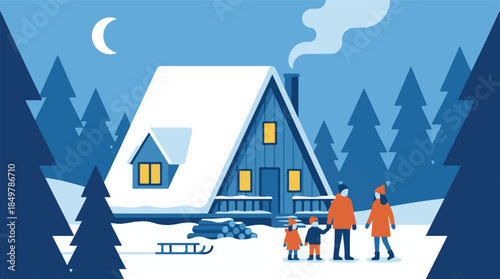 Happy family at a cozy winter cabin landscape