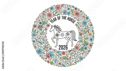 Year of the Horse 2026 Floral Chinese Zodiac Symbol Illustration