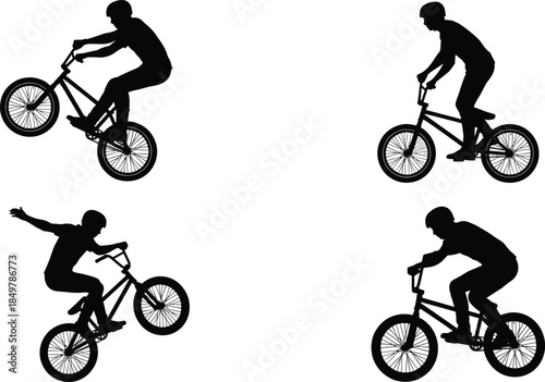 BMX riders vector silhouette set, four dynamic male figures performing bicycle tricks and stunts, extreme sport and freestyle cycling collection.