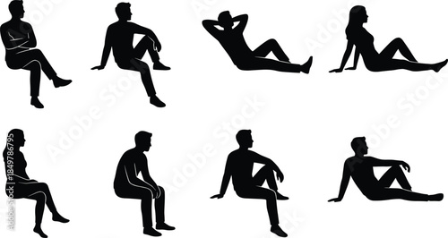 Casual people sitting and resting silhouette vector set, men and women relaxing on the ground in various informal and comfortable poses for design.
