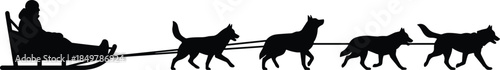 Dog sledding team silhouette vector illustration, musher riding a sled pulled by four huskies or malamutes, winter sport and adventure graphic.