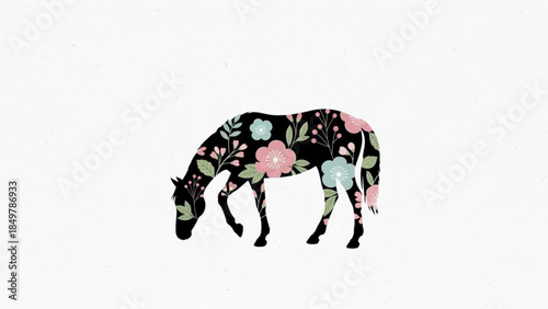 Beautiful Black Horse with Colorful Floral Pattern, Grazing Peacefully in Nature