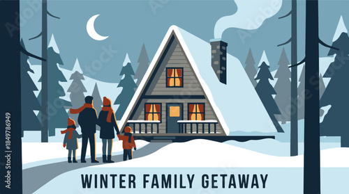 Happy family at a cozy winter cabin landscape
