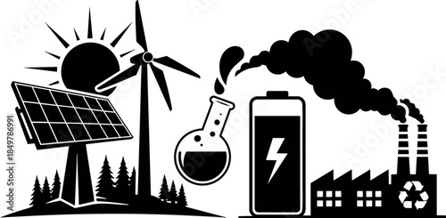 Black and white silhouette renewable solar and wind energy icons with chemical flask battery factory smoke and recycling symbol