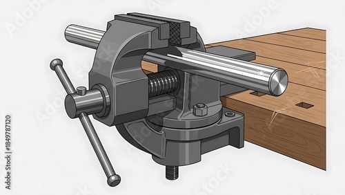 Heavy-duty metal vise clamped to a wooden workbench for secure holding.