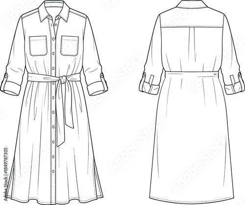 Women's button down shirt dress technical drawing, fashion flat sketch with waist tie belt, rolled sleeves, vector illustration template.