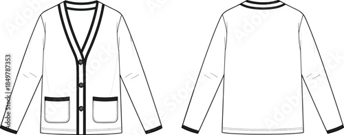 Women's cardigan fashion flat sketch, V-neck long sleeve sweater technical drawing, button front with pockets, vector illustration template, front and back views.