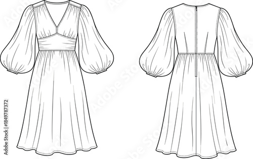 Women's Mini Dress Fashion Technical Drawing Template with V-Neckline, Cinched Waist Detail, and Full Balloon Sleeves, Apparel Design Vector Illustration.