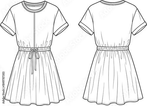 Women's long sleeve top fashion flat sketch, geometric yoke pattern, technical drawing, vector illustration, apparel design template, front and back views.