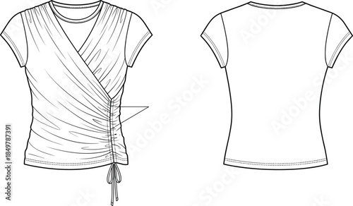 Women's Mini Dress Fashion Technical Drawing Template with V-Neckline, Empire Waist Detail, and Full Balloon Sleeves, Apparel Design Vector Illustration.