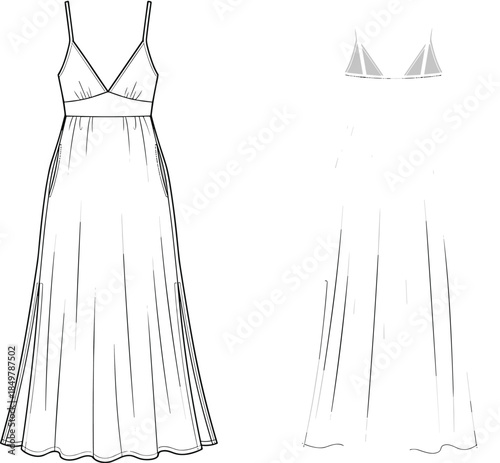Women's V-Neck Slip Maxi Dress Fashion Technical Drawing Template with Spaghetti Straps and High Side Slits, Apparel Design Vector Illustration.