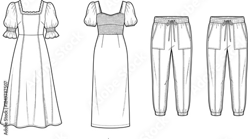 Women's Sleeveless Maxi Dress Fashion Technical Drawing Template with Fitted Bodice and Vertical Pleated Skirt, Apparel Design Vector Illustration.