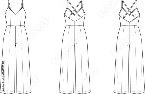 Women's Wide-Leg Jumpsuit Fashion Technical Drawing Template with Crisscross Strappy Back Detail, Apparel Design Vector Illustration, Front and Back View.