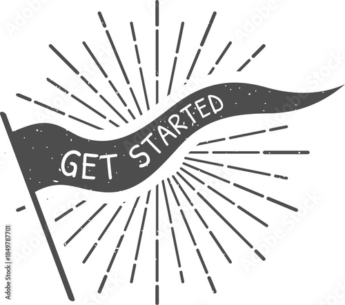 Get started flag banner with vintage sunburst rays