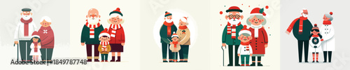 Vector full body of old couple hugging their beloved grandchild at Christmas
