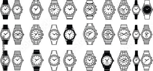 Wristwatch design collection, watch face styles, strap types, chronograph features, CAD drawing, flat vector, fashion accessory, illustration