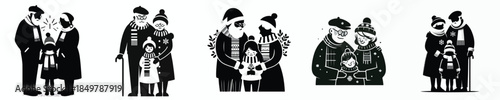 Vector silhouette of grandfather and grandmother hugging their beloved grandchildren at Christmas