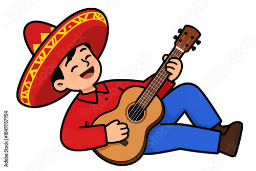 Cartoon boy in sombrero playing guitar