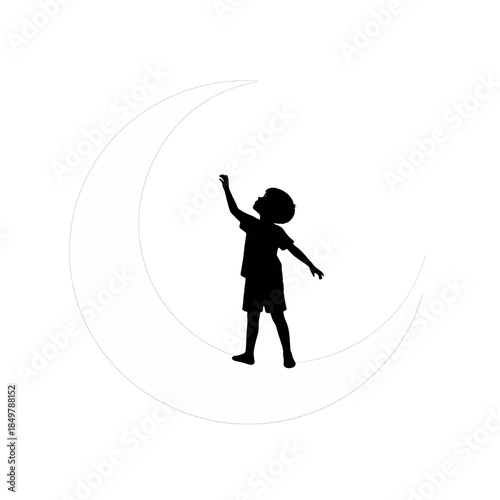 Child standing on crescent moon reaching upward