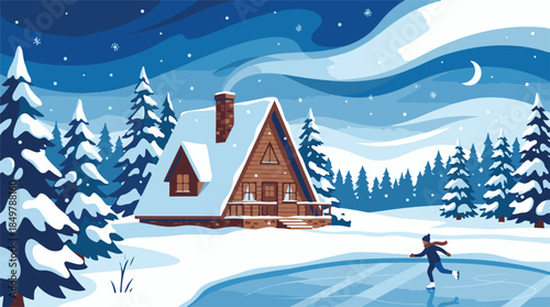 Cozy A-frame cabin in a snowy winter forest at night with falling snowflakes