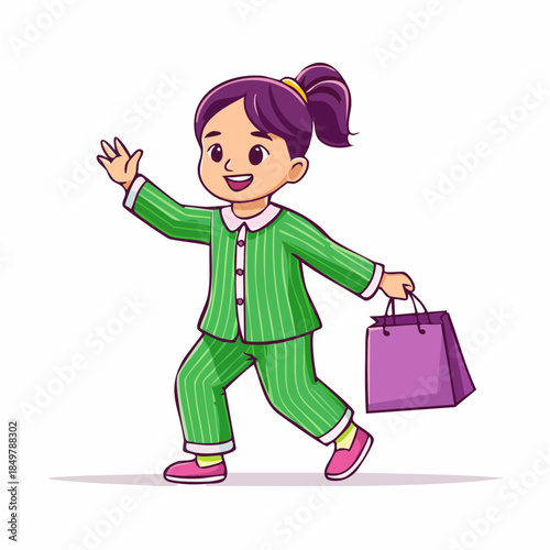 Joyful Child with a Shopping Bag: A delightful little girl, donned in charming green pajamas, merrily strolls with a purple shopping bag in hand, radiating glee and excitement.
