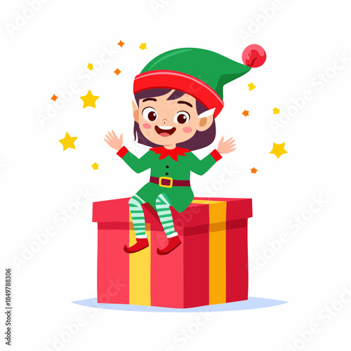 Christmas Elf on Gift: A cheerful Christmas elf, with bright green outfit and hat, sits atop a festive gift box adorned with a bow, embodying the spirit of the season. 