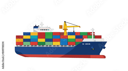 Colorful Cargo Ship with Containers and Crane Vector Illustration