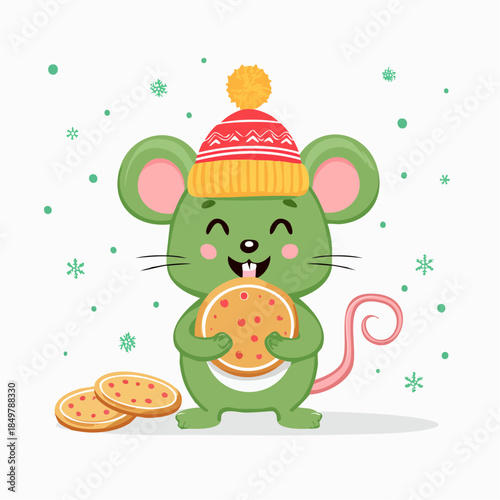 Festive Treat: A delightful mouse, radiating joy and warmth with a vibrant knit cap, clutches a tempting cookie. capturing the essence of the holidays