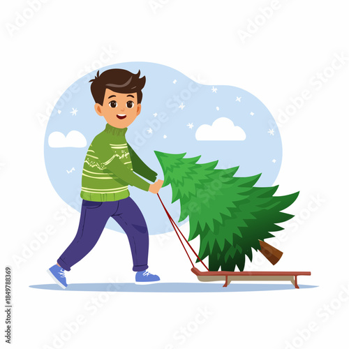Bringing Home the Holiday Cheer: A young boy joyfully pulls a freshly cut Christmas tree, spreading festive spirit.