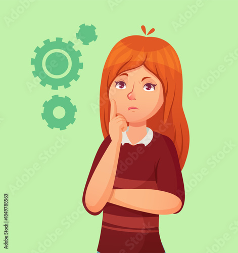 Woman thinking with gears representing problem solving process