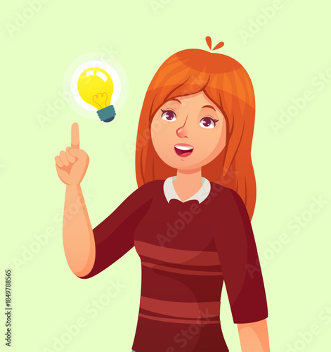 Woman having idea pointing up to light bulb