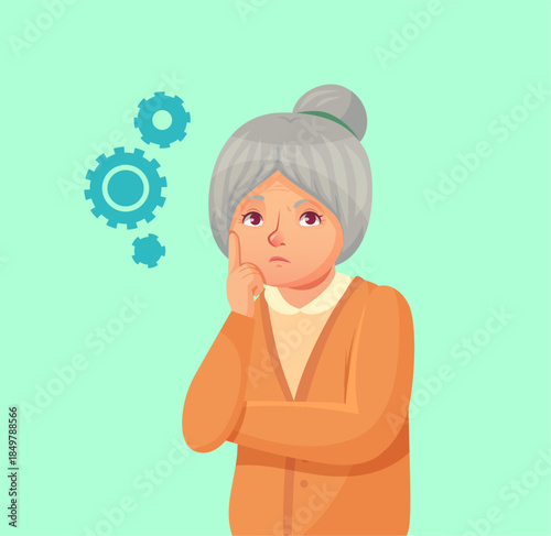 Senior woman thinking, gears representing mental process