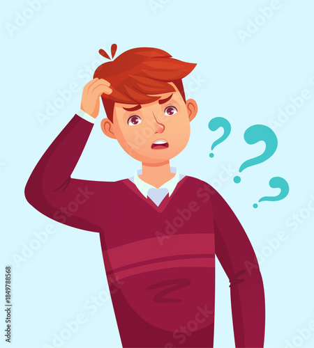 Young man scratching head feeling confused with question marks