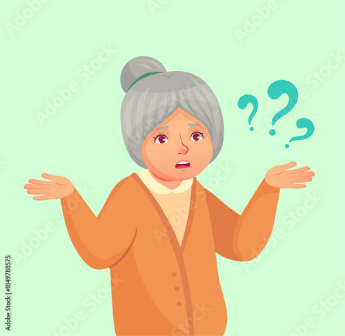 Grandmother showing confusion and doubt with question marks
