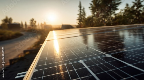 Solar panel with sun reflection at sunset