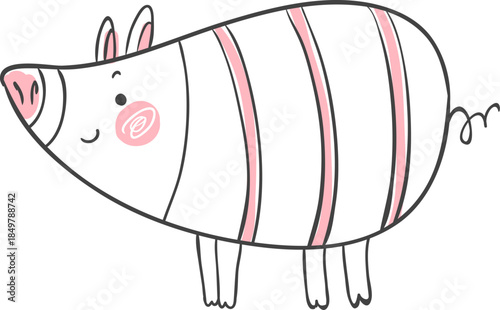 Cute cartoon pig standing with pink stripes