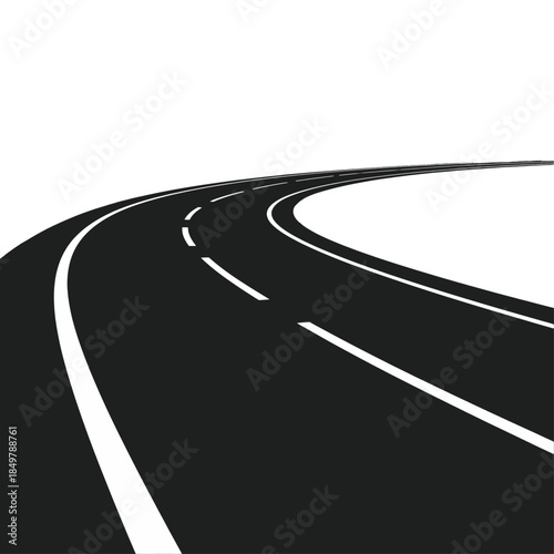 Curved road with white lane markings isolated