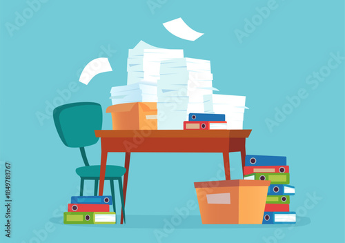 Overloaded office desk with administrative paperwork chaos