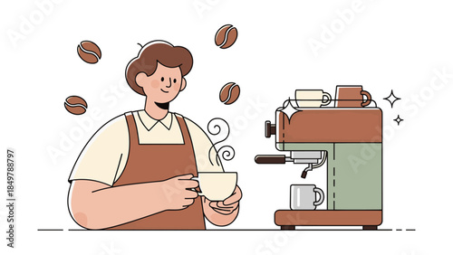 Barista enjoying a cup of coffee with espresso machine