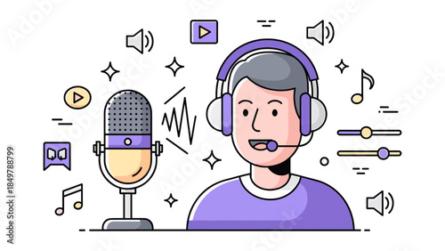 Cartoon man wearing headset speaking into microphone with media icons