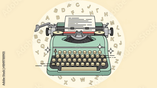 Vintage typewriter with paper and alphabet letters around it