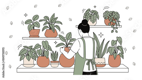 Woman nurturing plants on shelves with green apron and white shirt