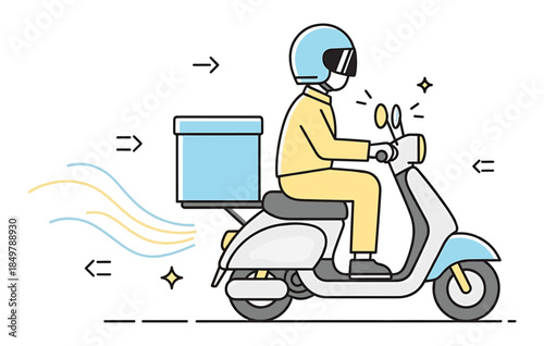 Delivery rider on scooter with box speeding along