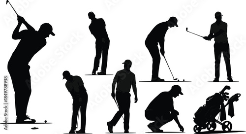 Golf player silhouette, swing pose, putting action, golf bag, sports equipment, outdoor activity, CAD drawing, flat vector, illustration