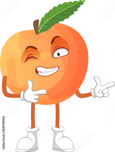 Cartoon peach character winking and pointing confidently