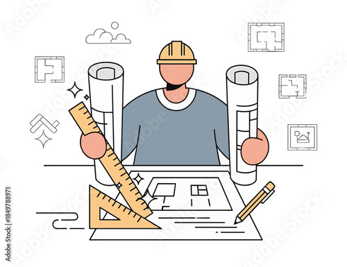 Architect working on building plans with tools and blueprints